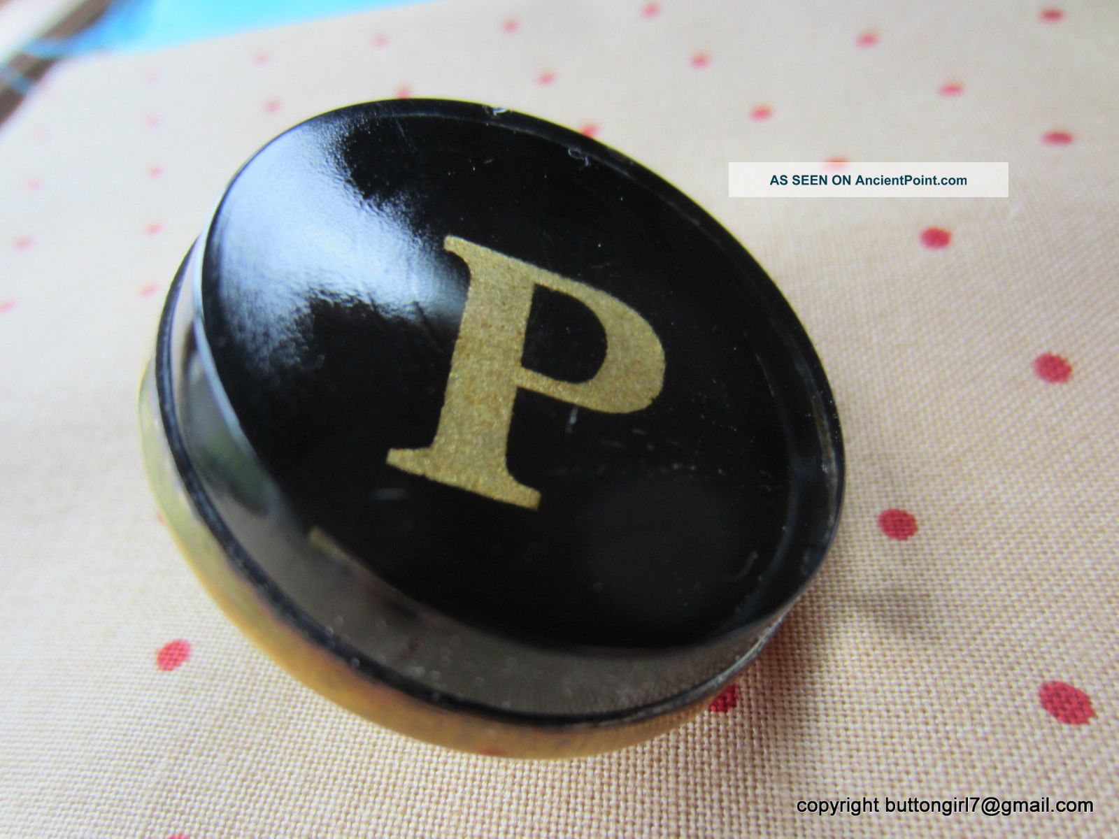 2291 – J – Very Cool Antique Bridle Button With Gold Letter P Under Glass Buttons photo