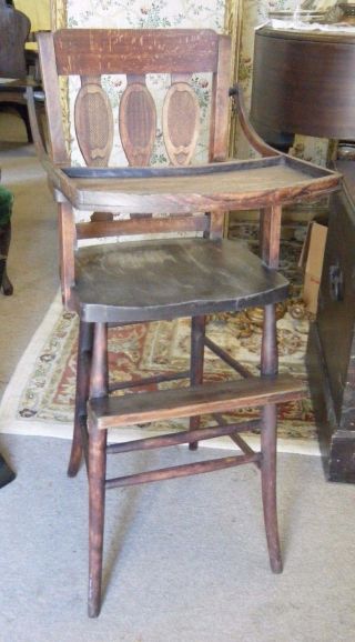Rare Antique Heywood Brothers Wakefield Co.  Ny High Chair Oak Tray Wood,  Marked photo