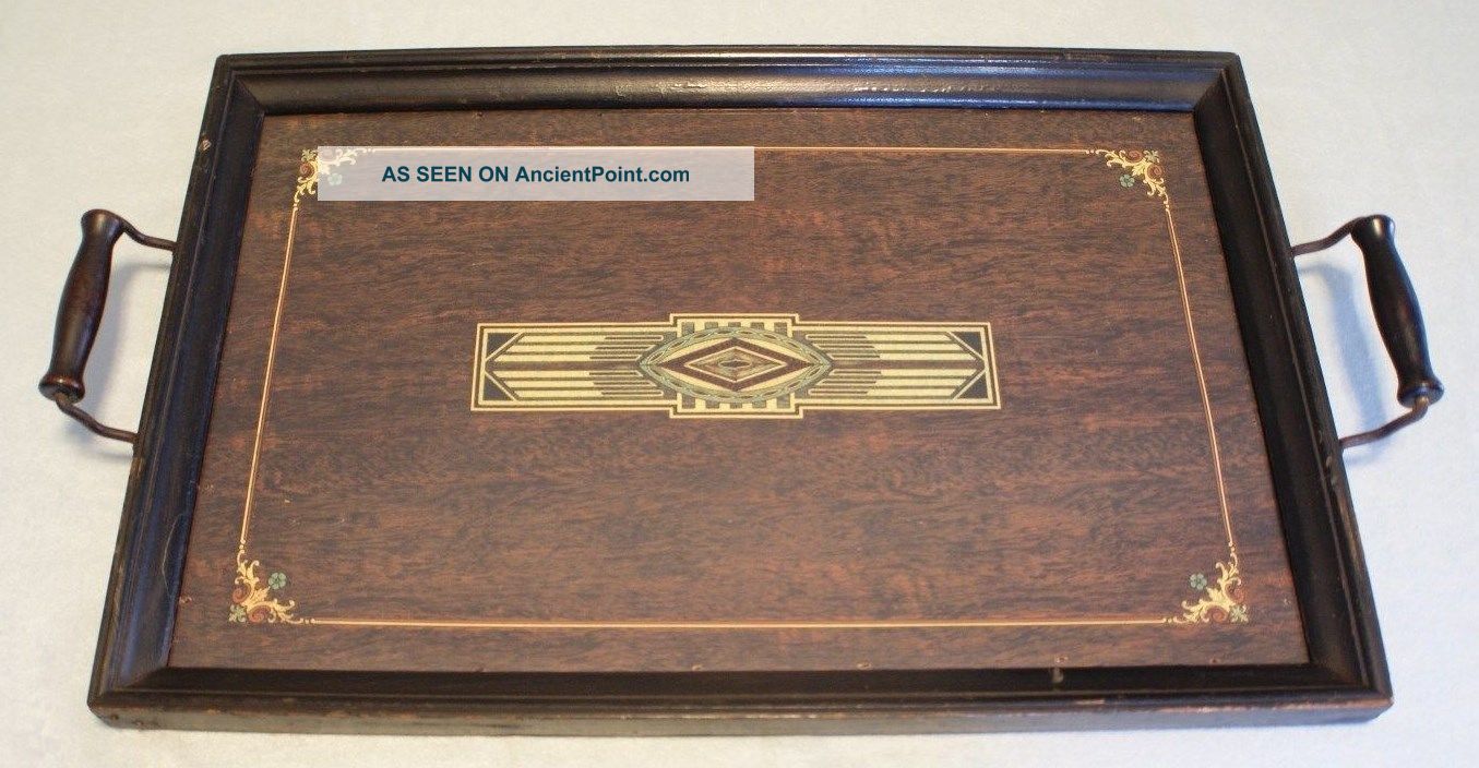 Antique Art Deco Glass Top Serving Tray - Wood And Brass Handles - Very Cool Art Deco photo