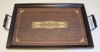 Antique Art Deco Glass Top Serving Tray - Wood And Brass Handles - Very Cool photo
