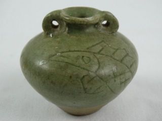 Antique Thai Sawankhalok Medicine Pot Incised Green Celadon Glaze Fish Motifs photo