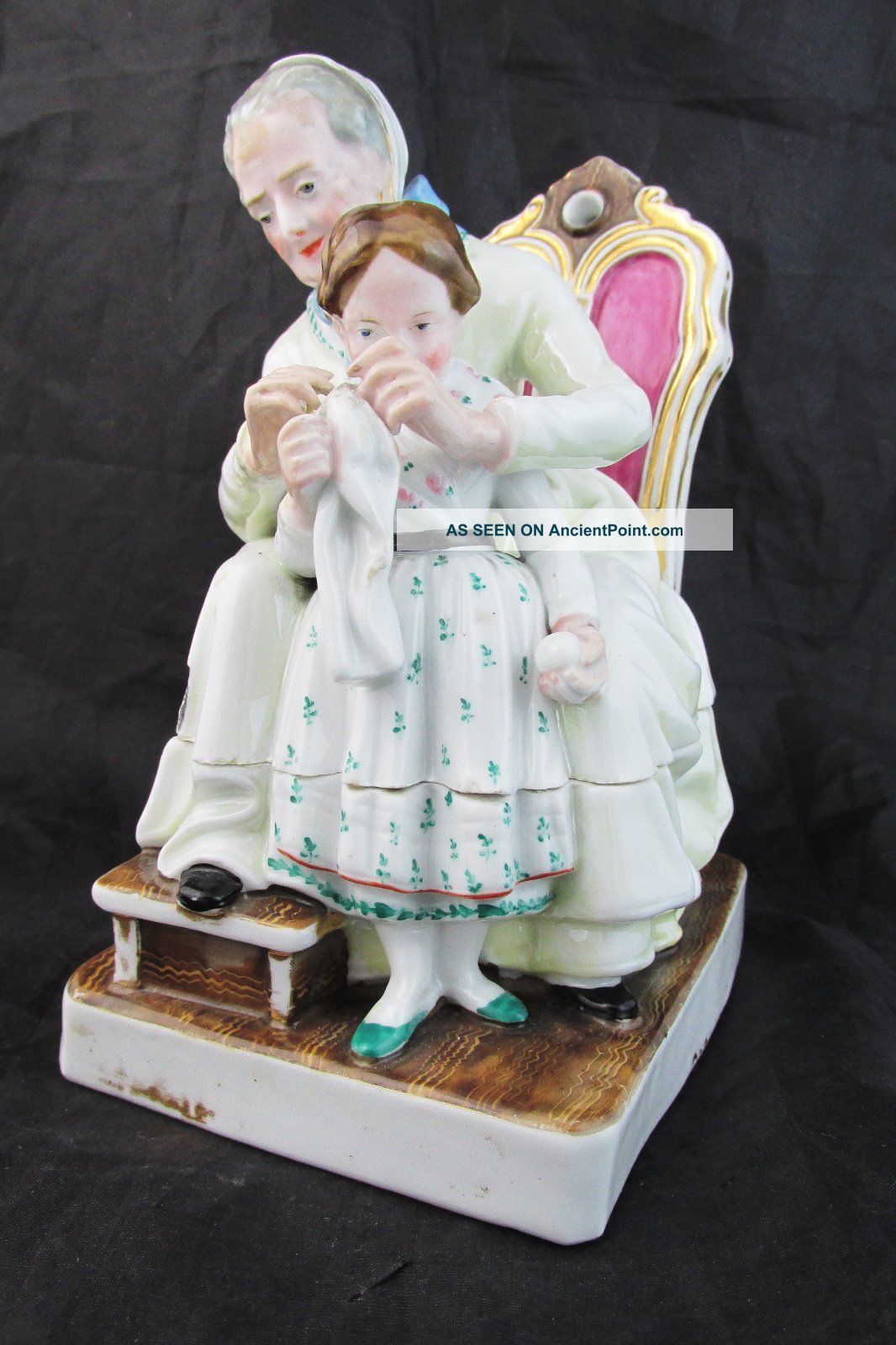 19th Old Paris Style Double Inkwell Figural Grandmother W/little Girl Figurines photo