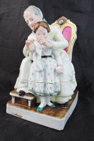 19th Old Paris Style Double Inkwell Figural Grandmother W/little Girl photo