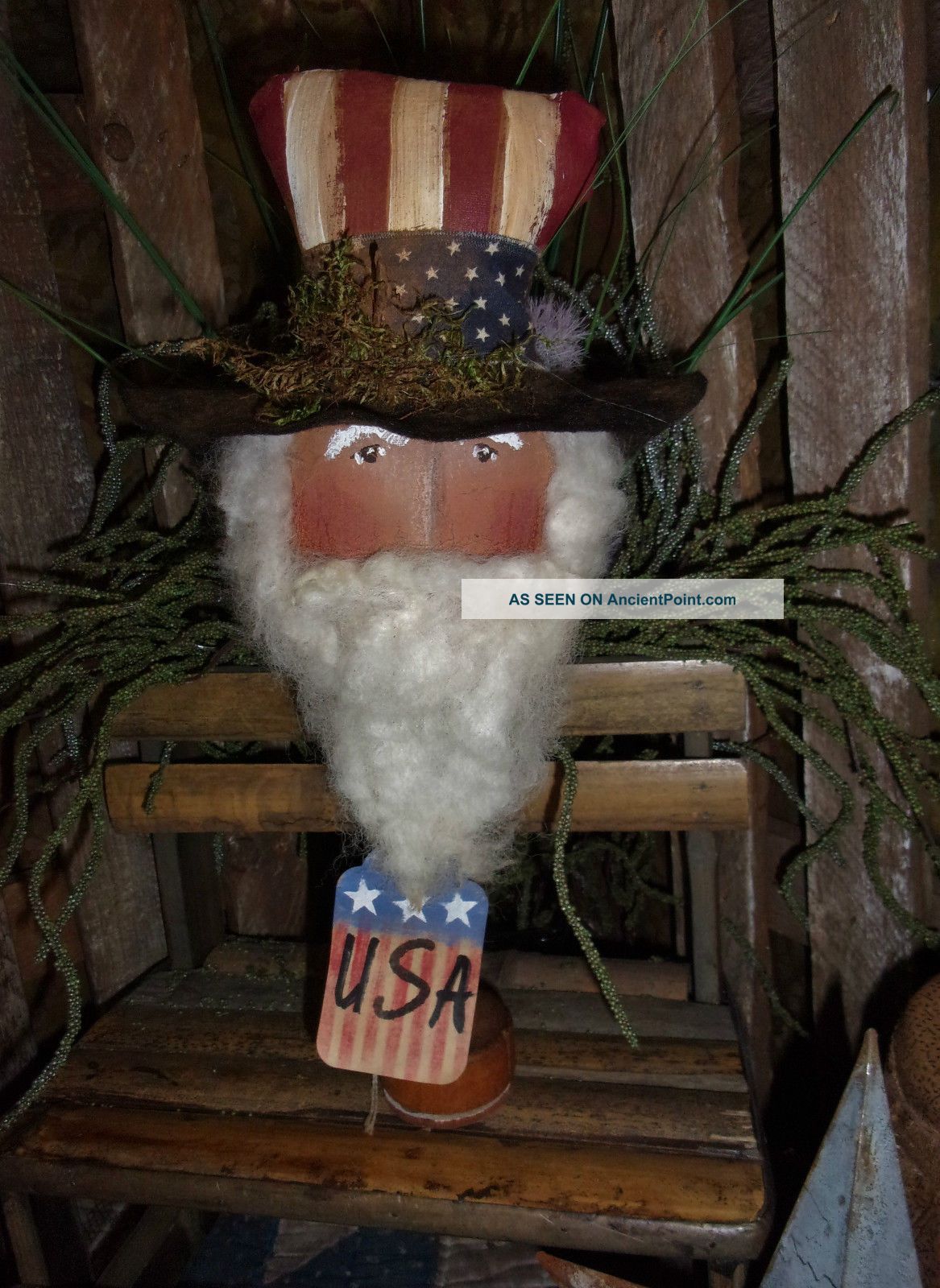 Primitive Uncle Sam Head Bobbin - Usa Americana Rusty Ole Doll 11x6in. Primitives photo