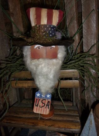 Primitive Uncle Sam Head Bobbin - Usa Americana Rusty Ole Doll 11x6in. photo