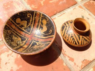 2 Fine Pre Columbian Narino Carci Wax Resist Painted Pottery Monkey Bowls Colomb photo