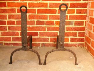 Antique Early American Hand Wrought Iron Fireplace Hearth Andirons 1750 - 1790 photo