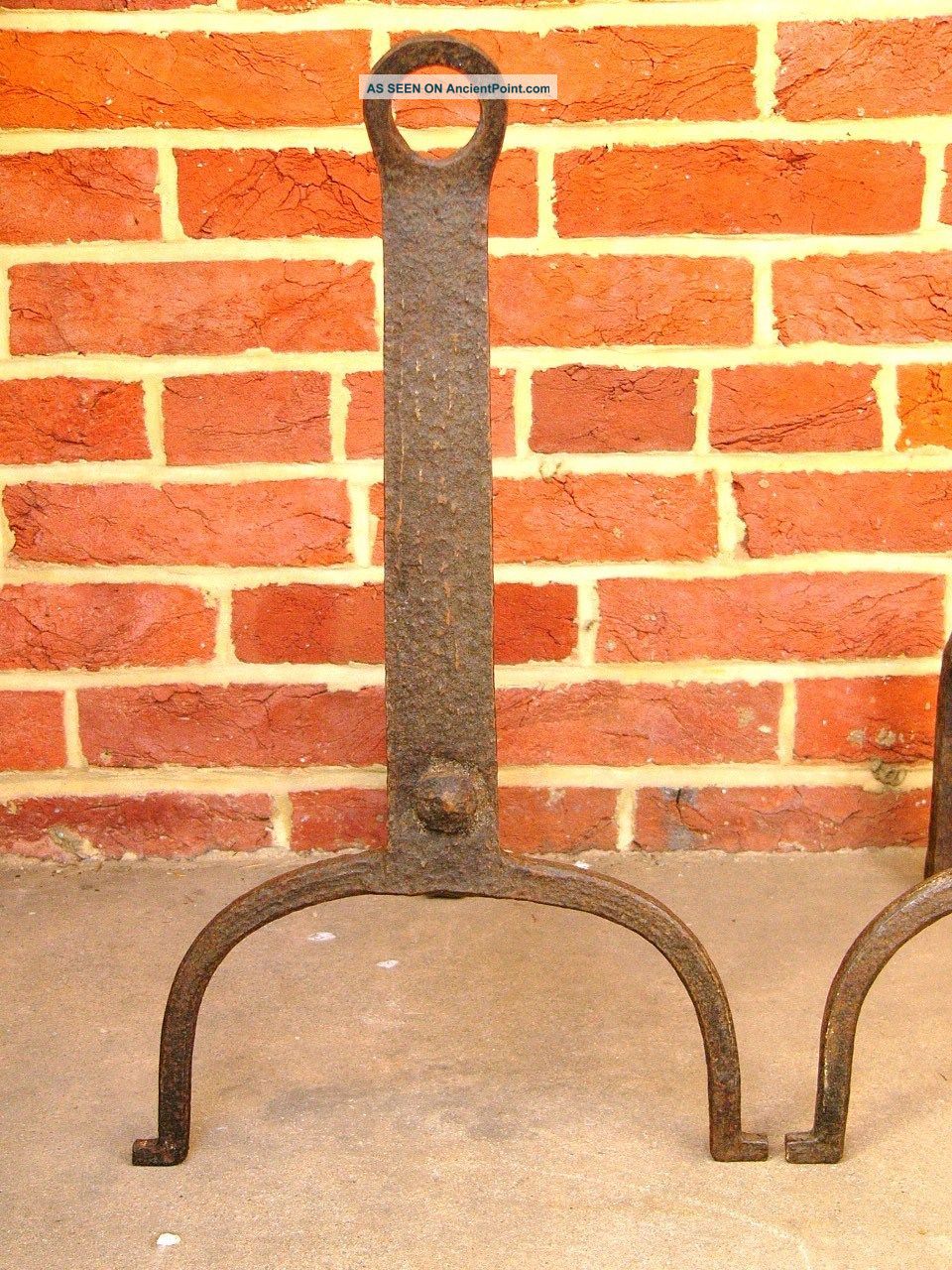 Antique Early American Hand Wrought Iron Fireplace Hearth Andirons 1750