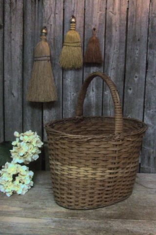 Antique Vintage Old Country Farm Gathering Basket Oval Woven Wood photo