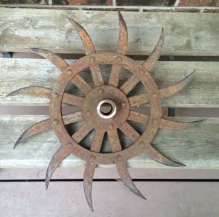Antique John Deere Rotary Hoe,  Metal Spike Wheel,  Garden Art Sunflower photo