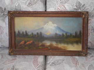 Antique Vintage Dean Newton Primitive Cabin Painting Of Western Landscape photo