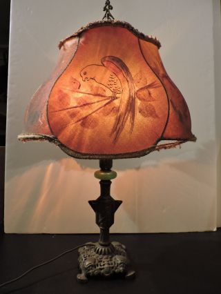Stunning Art Deco Lamp With Jadeite & Orig Hand Painted Bird Shade photo