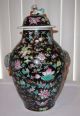 Vintage Large Chinese Hand Painted Black Porcelain Jar/ Elephant Handles/ Vases photo 2