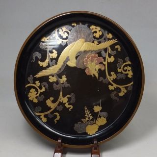 G806: Real Old Japanese Lacquer Ware Plate With Great Makie Of A Phoenix photo