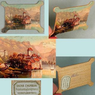 Fab Antique Hand Painted Wood Thread Winder Chillon Castle Circa 1890s photo