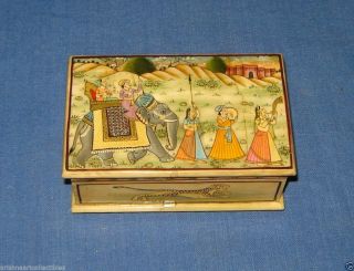 Vintage Look Fine Very Rare Hand Made Mughal Painted Solid Camel Bone Box photo
