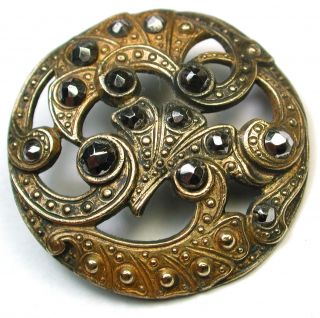 Antique Pierced Brass Button Fancy Detailed Design W/ Cut Steel Accents photo