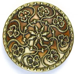 Antique Victorian Celluloid Button Gorgeous Brass Floral On Celluloid Liner photo