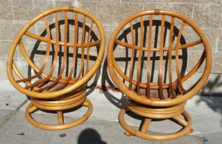 Mid - Century Modern Swivel Bamboo Rattan Hoop Pod Egg Chairs (2) Good Cond photo