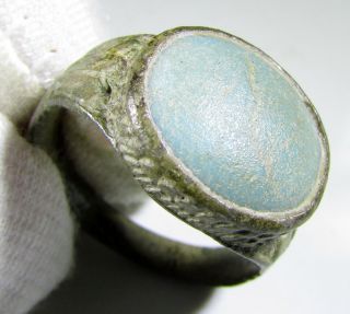Rare Tudor Period Bronze Ring With Blue Stone In Bezel - Wearable - Mn25 photo