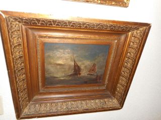 Very Old Oil Painting,  { Sailboats With A Full Moon,  Great Frame },  Is Antique photo
