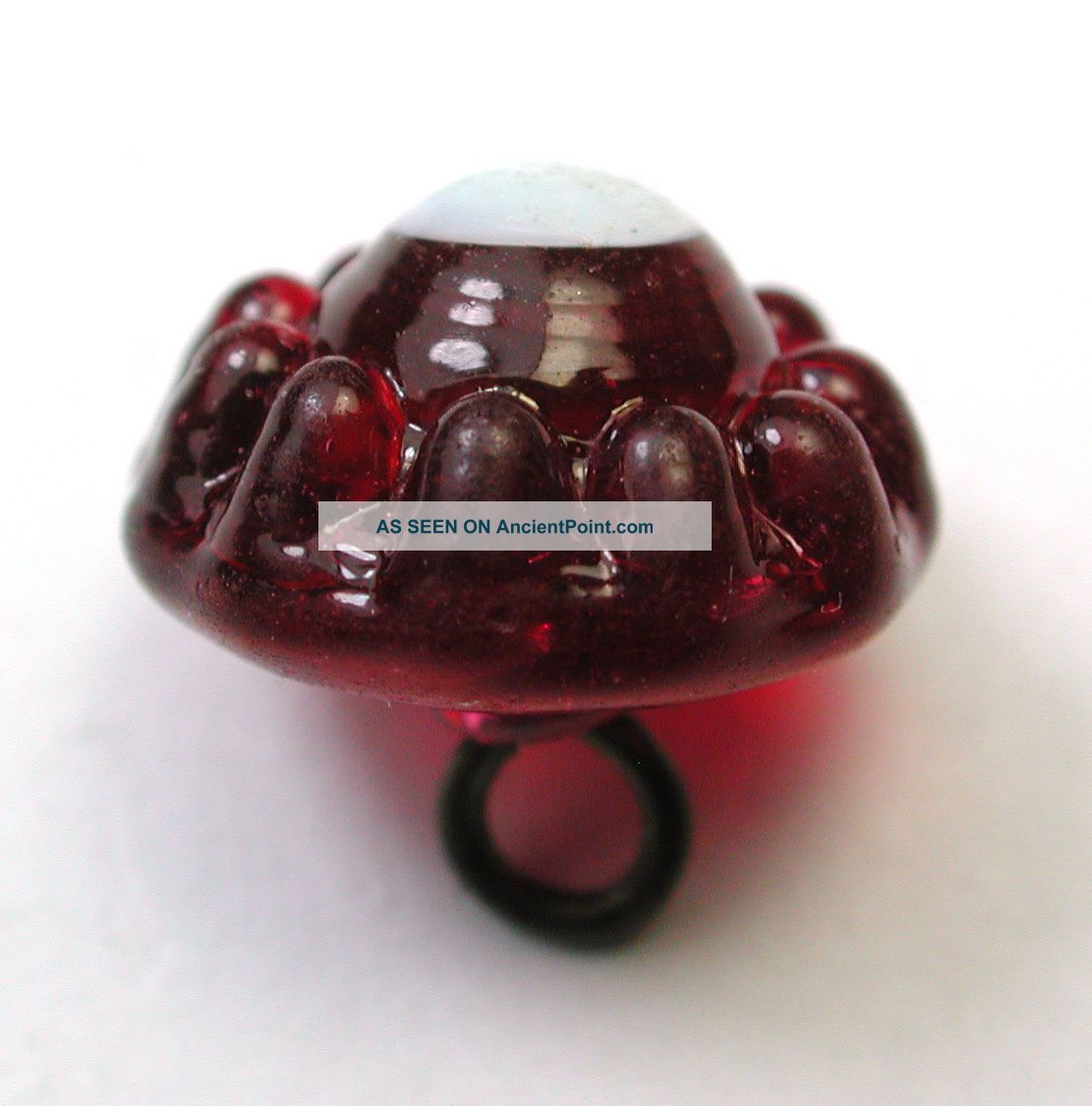 Antique Charmstring Button Red Candy Mold W/ White Dome Top Swirl Back Buttons photo