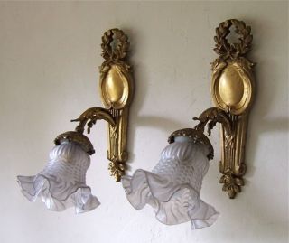 Sublime Pair C19th Antique French Gilt Bronze Wall Sconces With Swags & Bows photo