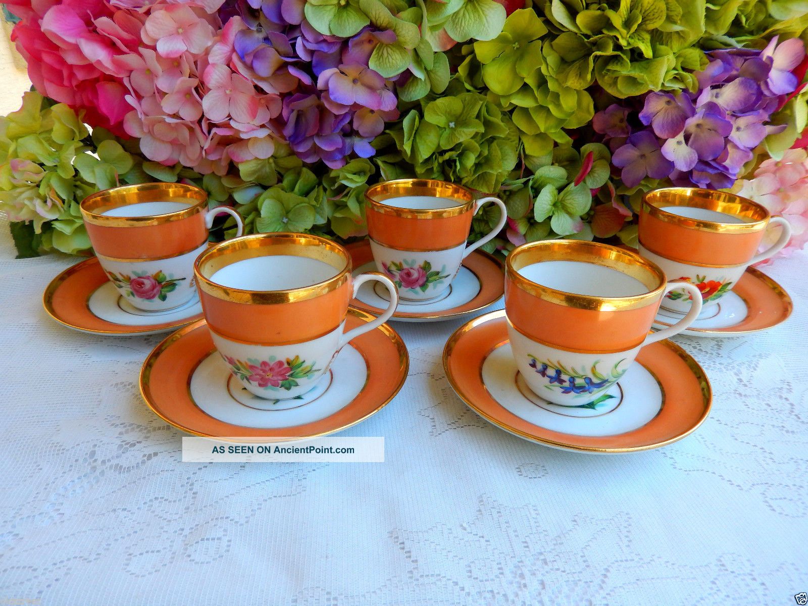 5 Antique Paris Porcelain Cups & Saucers Peach Band Gold French France Cups & Saucers photo