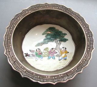 Old Chinese Silver Overlay Porcelain Famille Rose Boys Bowl photo