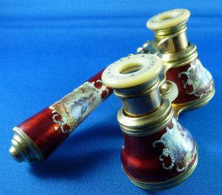 Antique French Ruby Red Enamel Opera Glasses With Mother Of Pearl & Ormolu photo