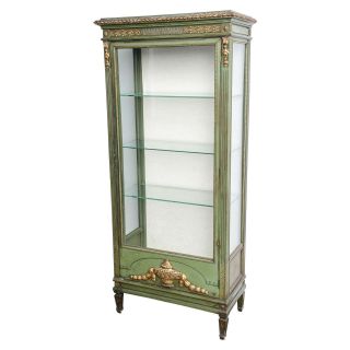 Antique Hand Painted French Display Cabinet With Gilt Work 1900 Green Wood photo