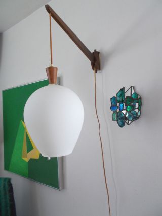 Danish Mid Century Modern Hanging Teak Wooden Eames Era Wall Lamp Fixturevintage photo