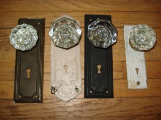 Four Old Vintage Glass Door Knobs & Back Plates 4 Crafting,  Coat Or Hat Racks photo