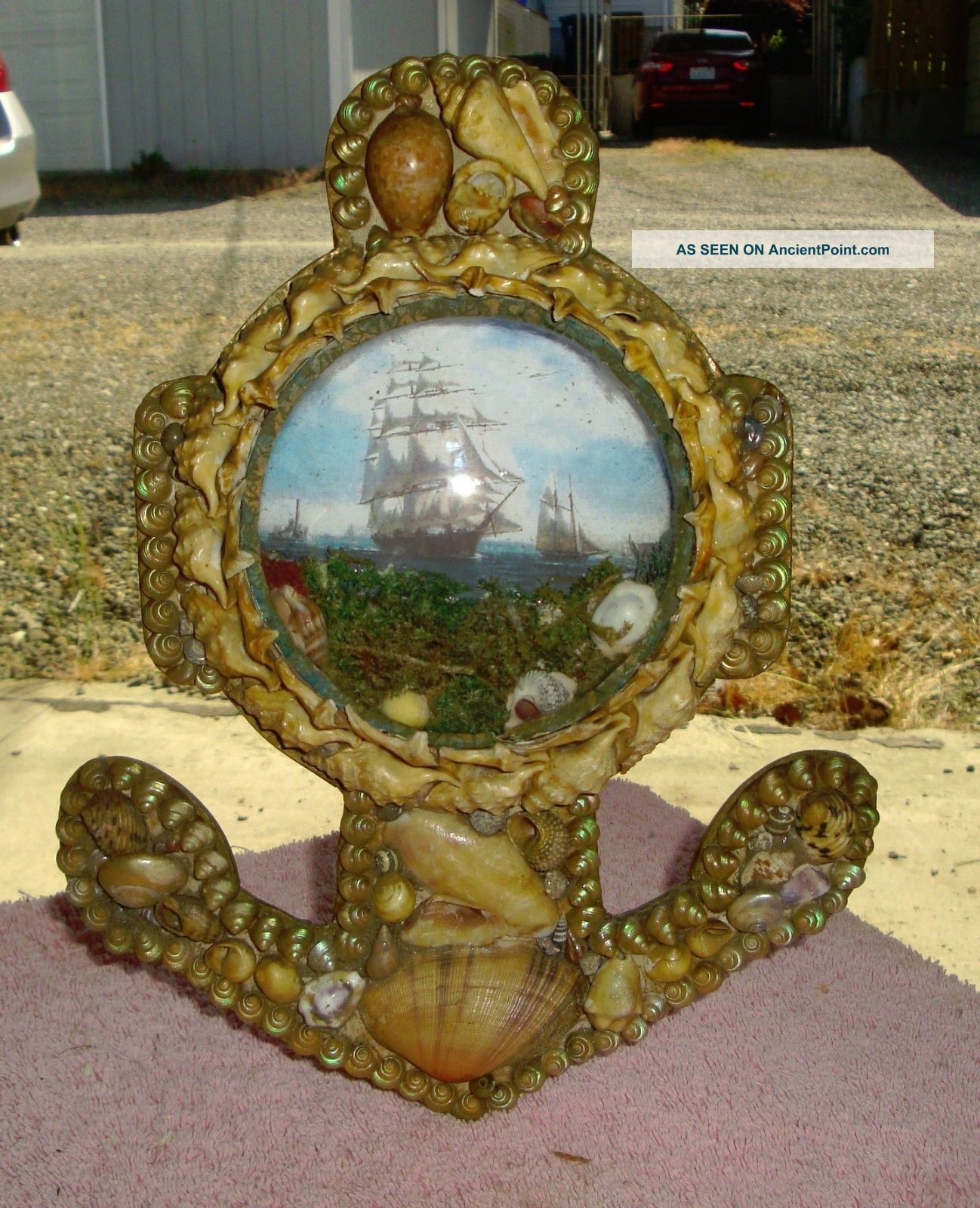 1800s Sailors Valentine Victorian Sea Shell Art Ship Bubble Glass Anchor Frame Portholes photo