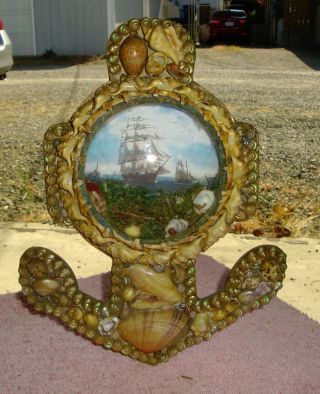1800s Sailors Valentine Victorian Sea Shell Art Ship Bubble Glass Anchor Frame photo