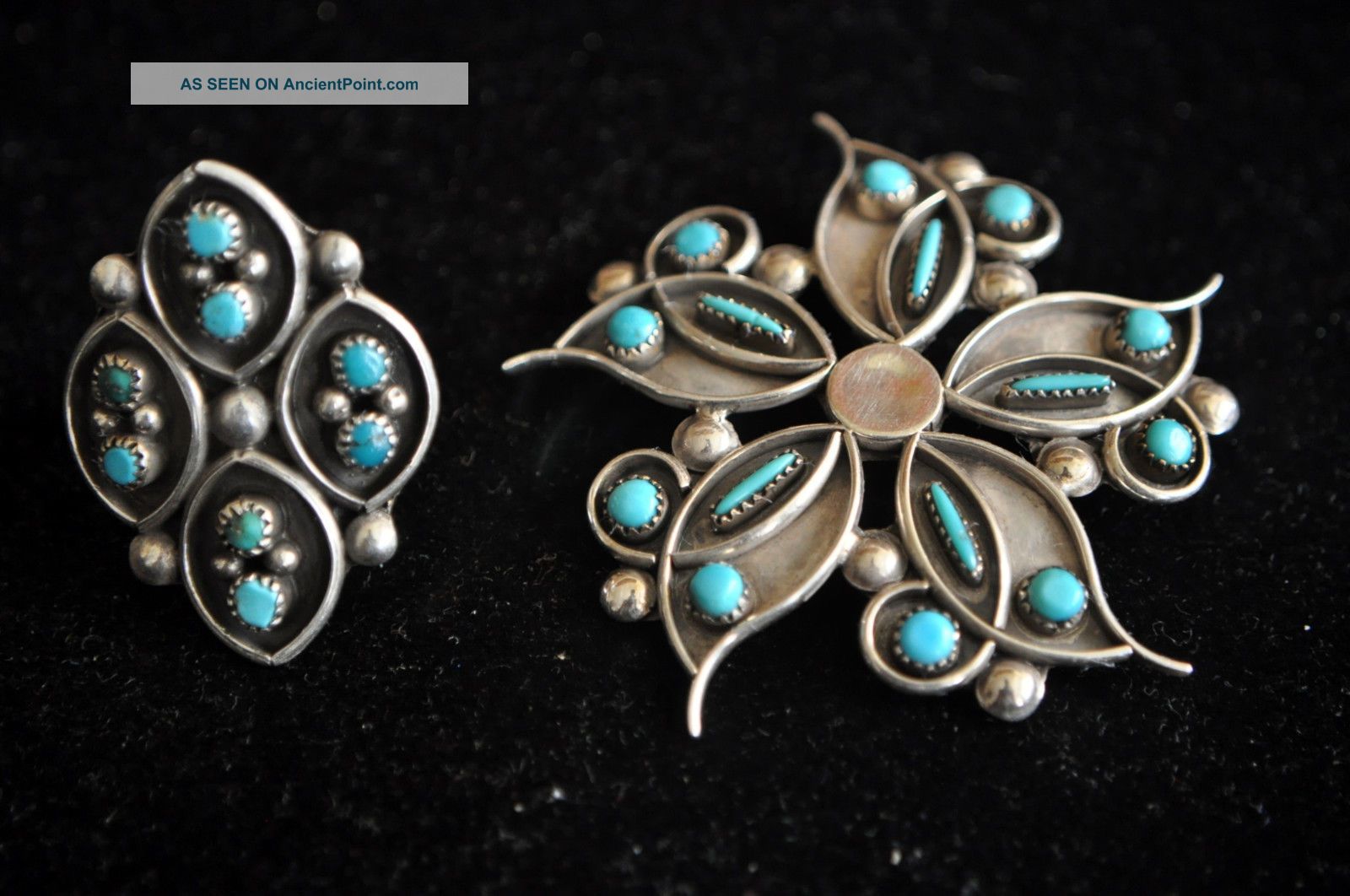 Antique Native American Navajo Sterling Silver & Turquoise Brooch And Ring Native American photo