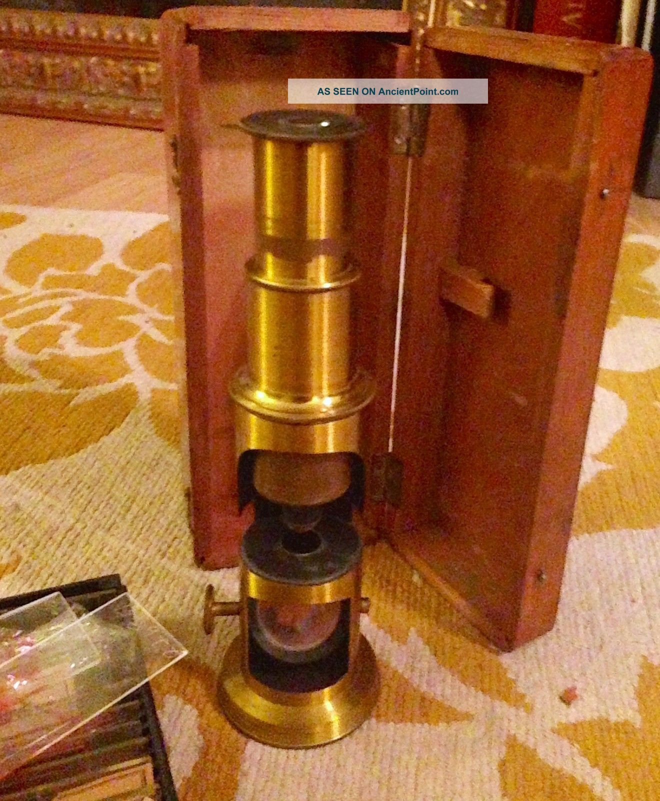 Antique Brass Portable Field Microscope Org Wooden Case Bonus Slides Microscopes & Lab Equipment photo