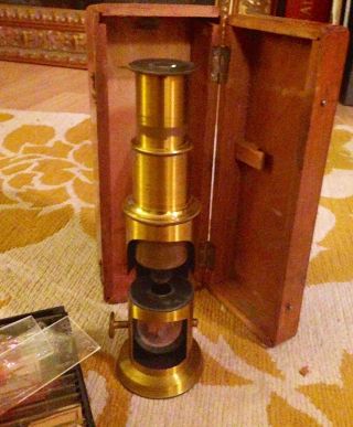 Antique Brass Portable Field Microscope Org Wooden Case Bonus Slides photo