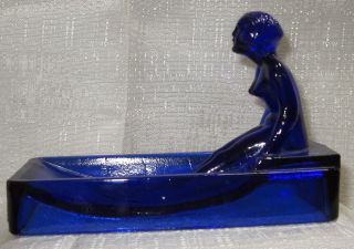 Art Deco Nymph Card Desk Tray Ashtray Soap Dish In Cobalt Blue All Glass Usa photo