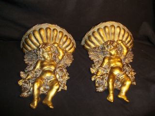Pair Wall Sconces Carved Angels Cherubs Plaster Plastic photo