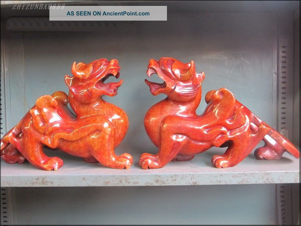 China Nephrite Red Jade Pair Evil Spirit Beast Kylin Dragon Statue Luck Reproductions photo