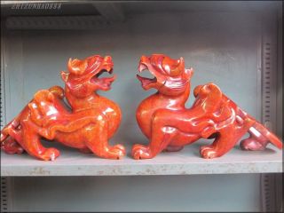 China Nephrite Red Jade Pair Evil Spirit Beast Kylin Dragon Statue Luck photo