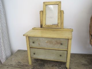 Old Primitive Mustard Green Paint Wood Doll Dresser Two Drawers Mirror photo