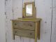 Old Primitive Mustard Green Paint Wood Doll Dresser Two Drawers Mirror Primitives photo 2