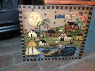 Ooak,  England Primitive Folk Art Uncle Sam Whale Watch Village Painting photo