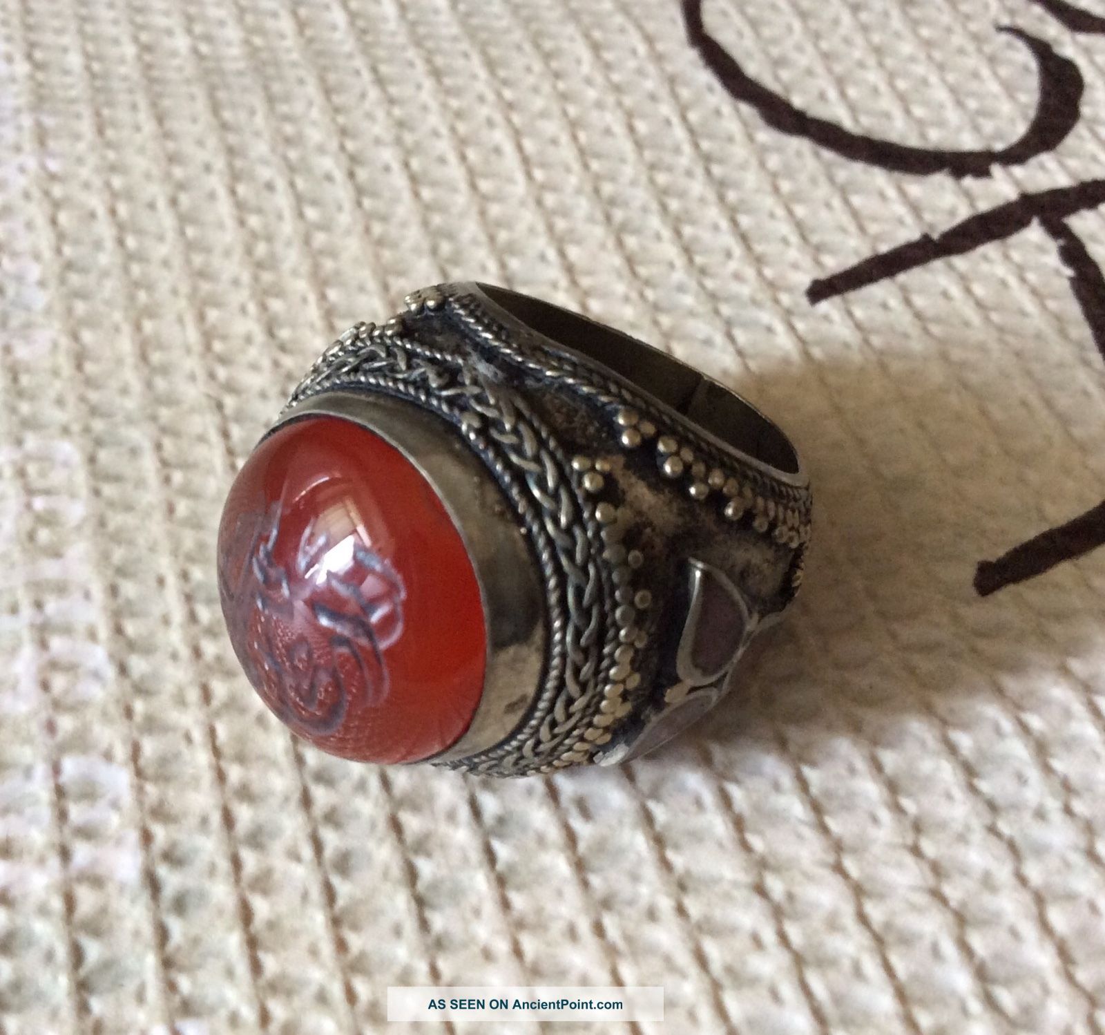 Men Old Islamic Ring Agate Aqeeq Afghan Antique Vtg Engraved Calligraphy Sz 7.  5 Islamic photo
