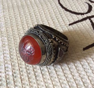 Men Old Islamic Ring Agate Aqeeq Afghan Antique Vtg Engraved Calligraphy Sz 7.  5 photo