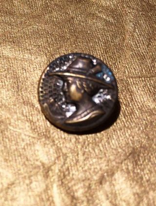 Antique Brass Picture Button Alps & Man With Hat 5/8 