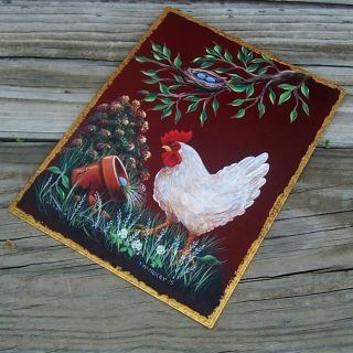 Red Metal Sign Hp Hen Bird Eggs Handpainted French Country Rooster Art T Mcmurry photo