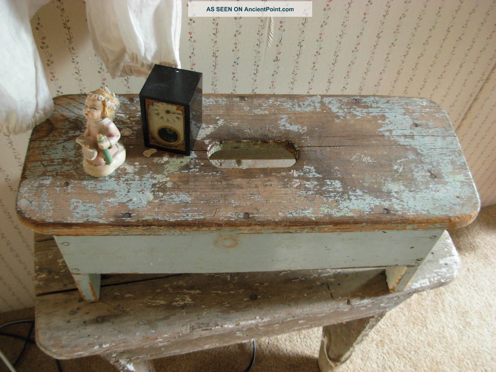 Primitive Antique Shabby Robins Egg Blue Wood Bench Stool Primitives photo